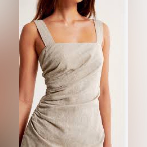 NWT Abercrombie & Fitch Linen Blend Ruched Square Neck Mini Dress Beige Size S - Picture 4 of 16